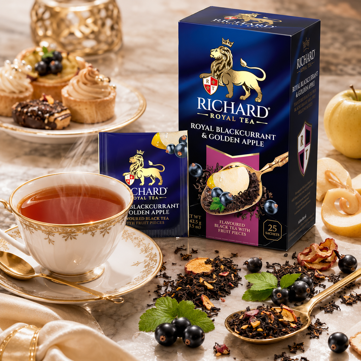 Richard Royal Blackcurrant & Golden Apple Black Tea Bags with Fruit Pieces, 25-Sachet Gift Box, 42.5g