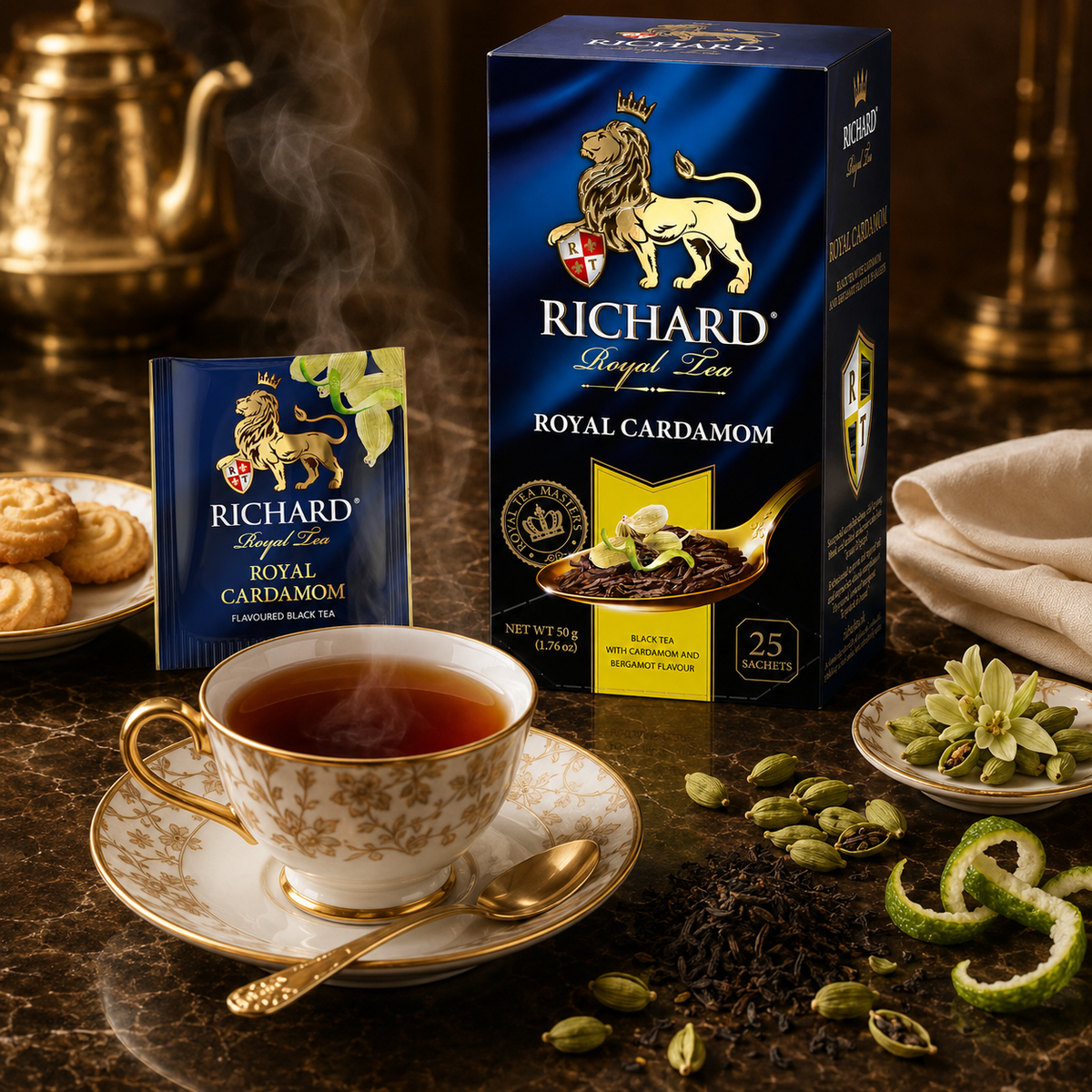 Richard Royal Cardamom & Bergamot Black Tea Bags, Aromatic Citrus Spice Blend, 25-Sachet Gift Box, 50g