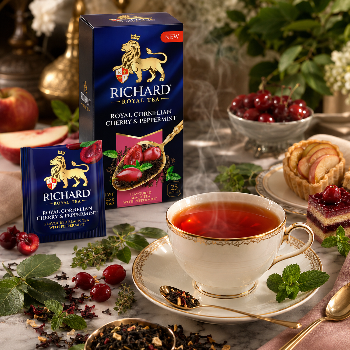 Richard Royal Cornelian Cherry & Peppermint Black Tea Bags with Herbal Botanicals, 25-Sachet Gift Box, 42.5g