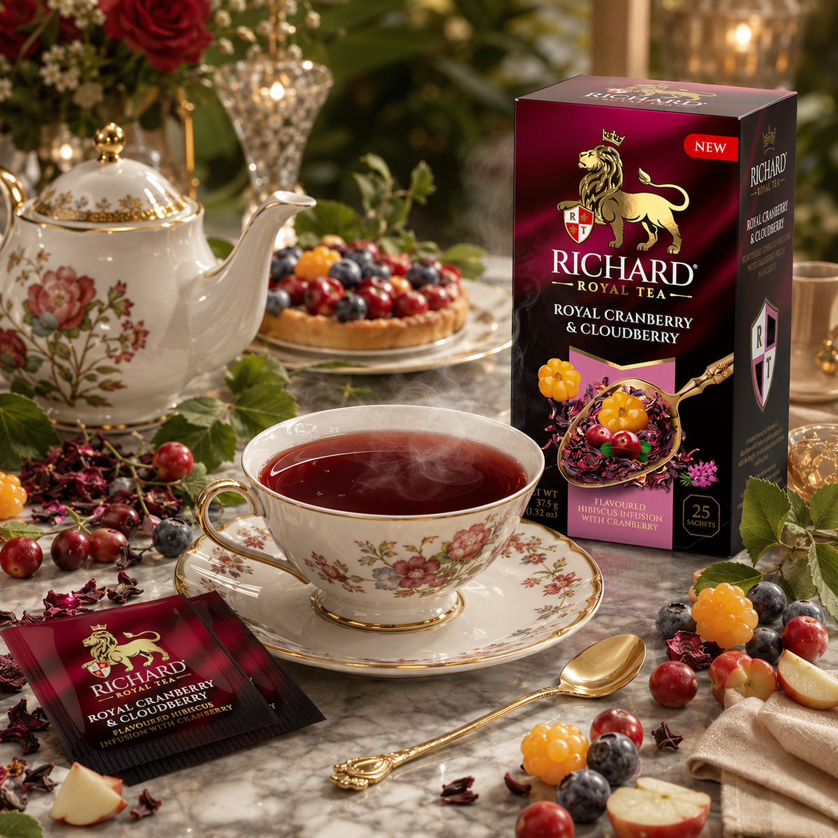 Richard Royal Cranberry & Cloudberry Hibiscus Infusion Tea Bags with Apple & Berries, 25-Sachet Gift Box, 37.5g