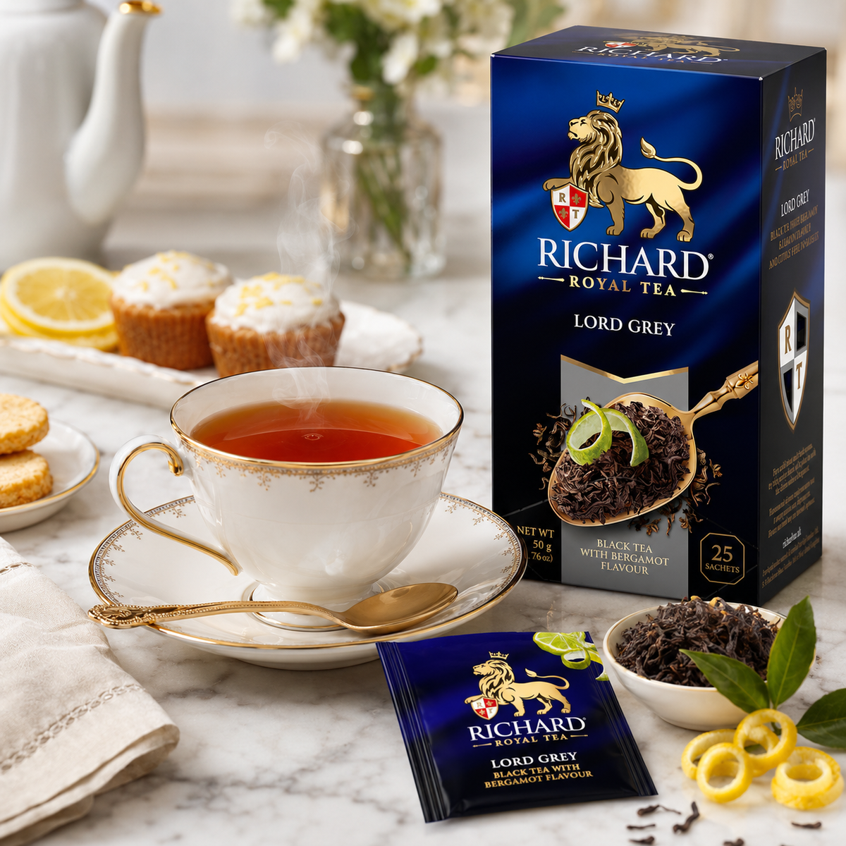 Richard Royal Lord Grey Earl Grey Black Tea Bags with Bergamot & Lemon Peel, 25-Sachet Gift Box, 50g