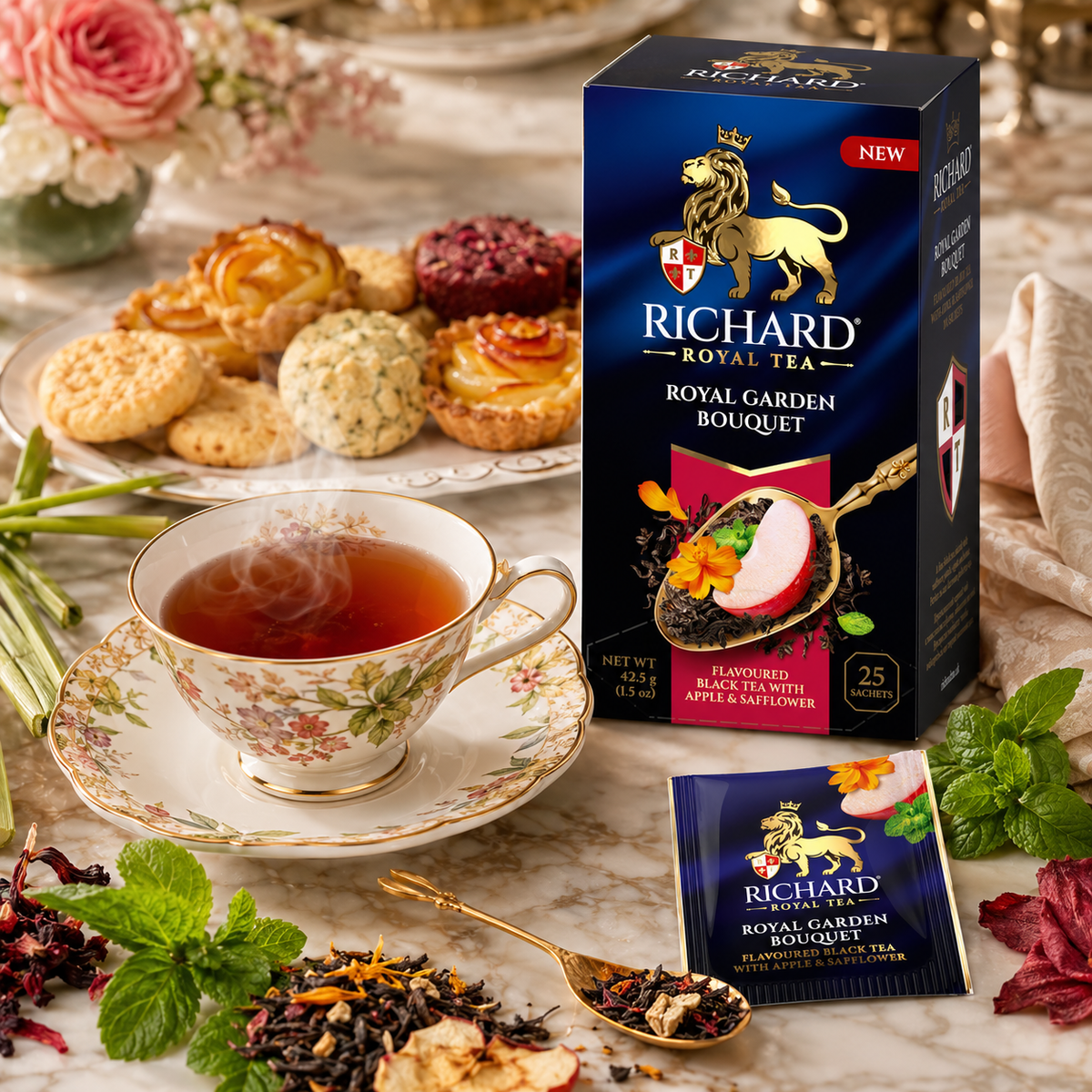 Richard Royal Garden Bouquet Black Tea Bags with Apple, Mint & Safflower, 25-Sachet Gift Box, 42.5g