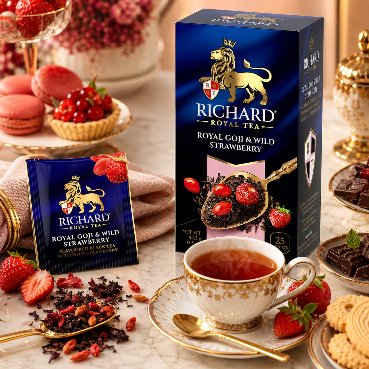 Richard Royal Goji Berries & Wild Strawberry Black Tea Bags, 25-Sachet Gift Box, 42.5g