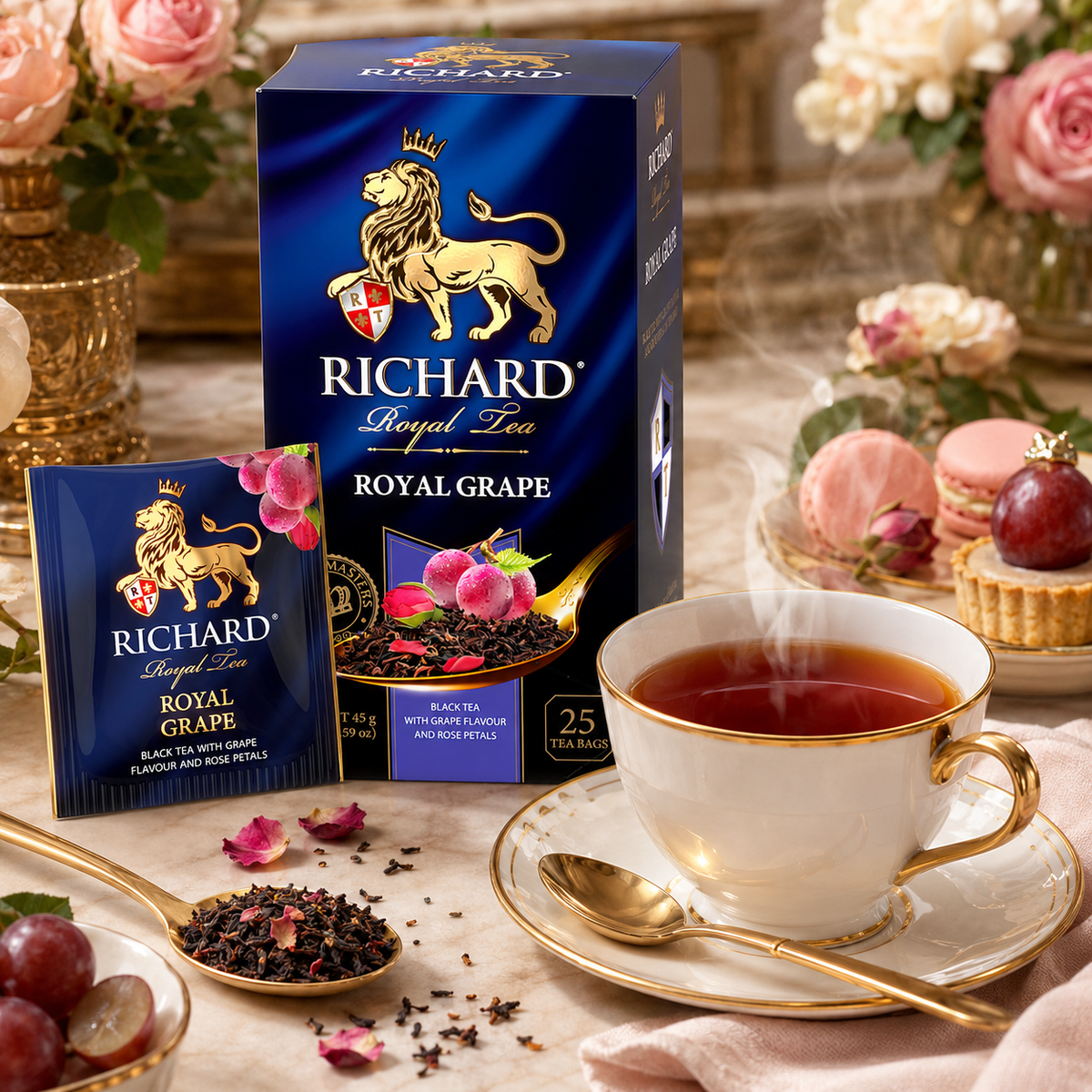 Richard Royal Grape & Rose Petals Black Tea Bags, Floral Fruit Blend, 25-Sachet Gift Box, 45g