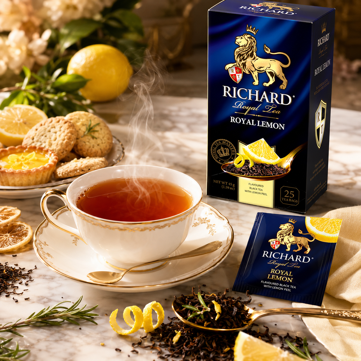 Richard Royal Lemon Black Tea Bags with Lemon Peel & Rosemary, 25-Sachet Gift Box, 45g