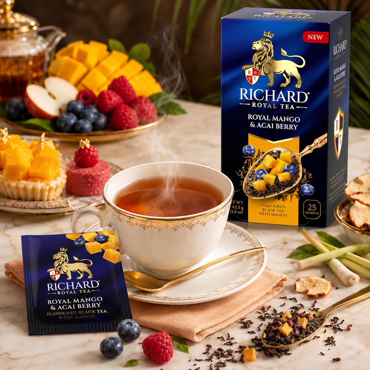 Richard Royal Mango & Acai Berry Black Tea Bags with Tropical Fruit, 25-Sachet Gift Box, 42.5g