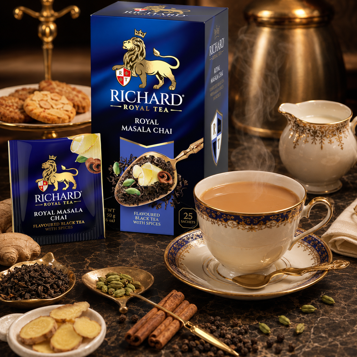 Richard Royal Masala Chai Black Tea Bags with Ginger, Cardamom, Cinnamon & Pepper, 25-Sachet Gift Box, 50g