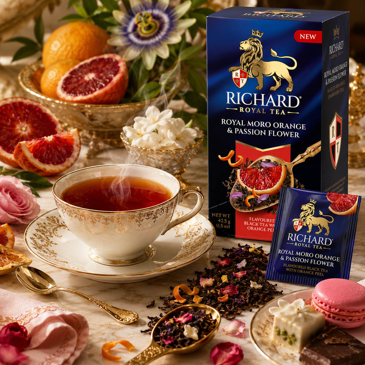 Richard Royal Moro Orange & Passion Flower Black Tea Bags with Jasmine & Rose, 25-Sachet Gift Box, 42.5g