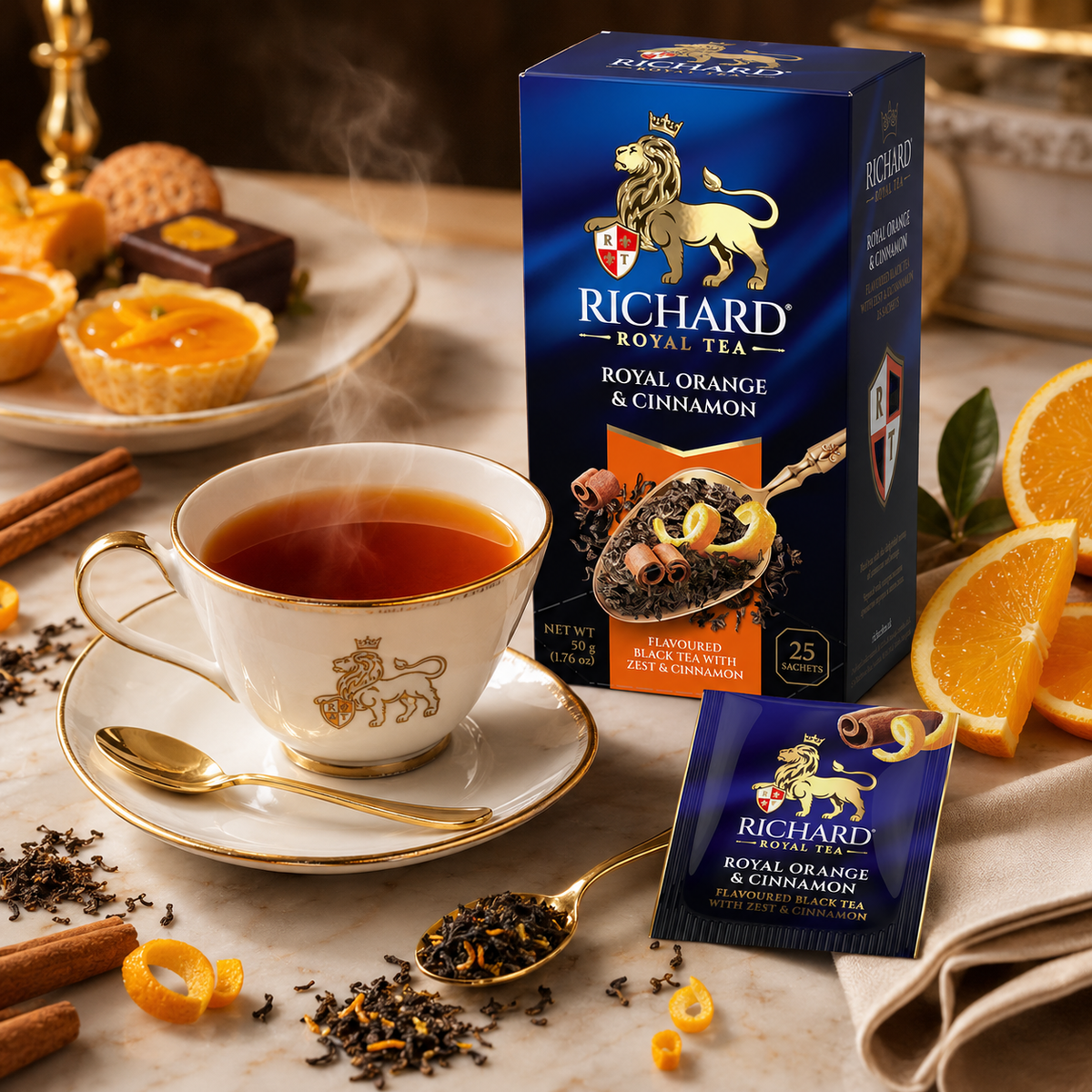 Richard Royal Orange & Cinnamon Black Tea Bags with Citrus Zest & Spice, 25-Sachet Gift Box, 50g
