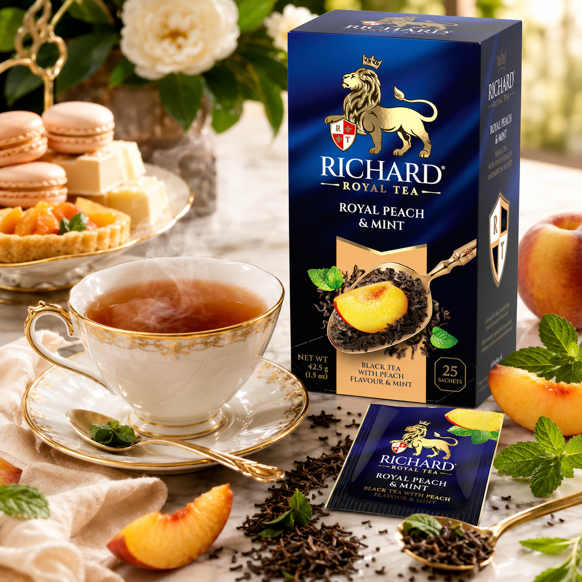 Richard Royal Peach & Mint Black Tea Bags, Fruit-Flavored Blend, 25-Sachet Gift Box, 42.5g