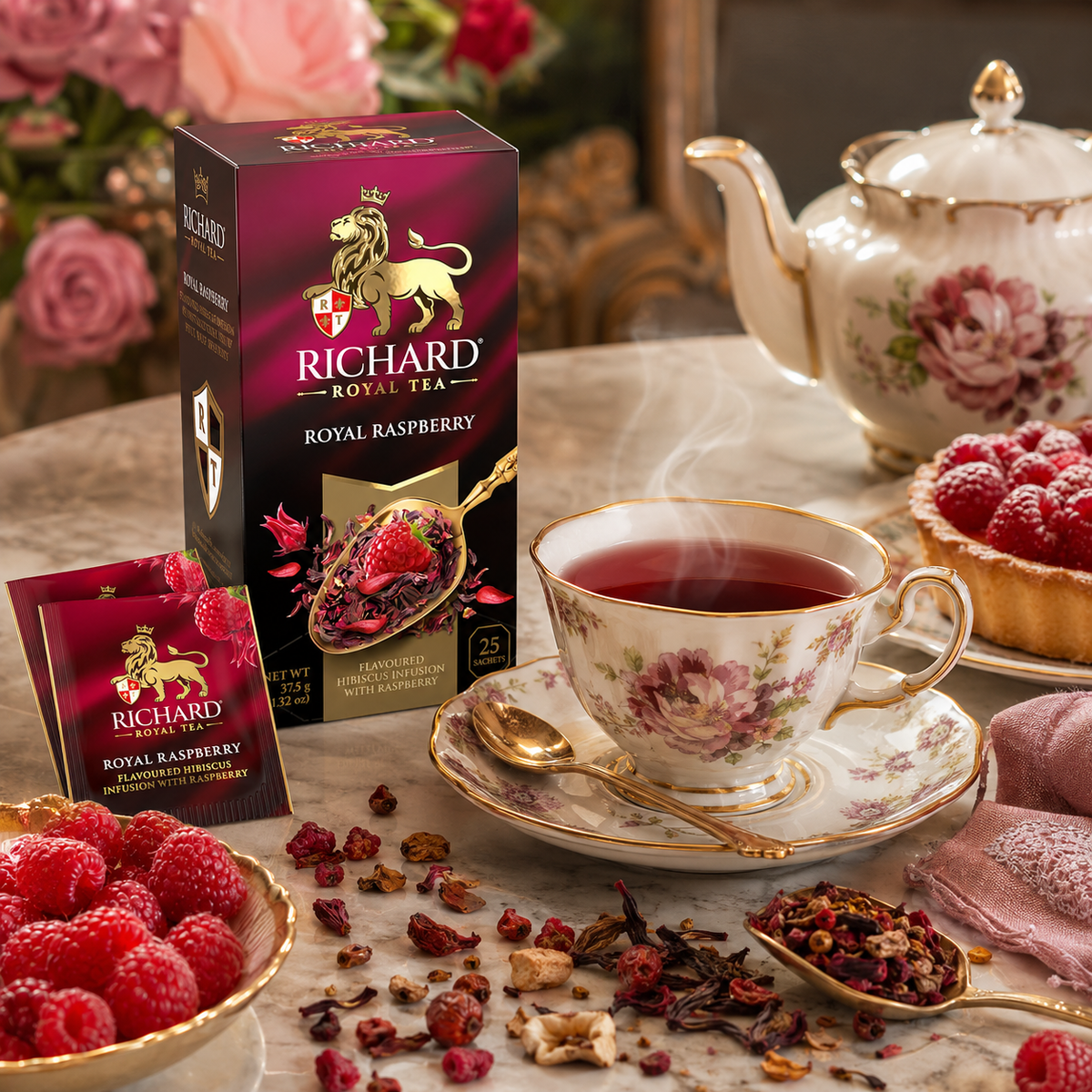 Richard Royal Raspberry Hibiscus Infusion Tea Bags with Rosehip, Apple & Raspberry, 25-Sachet Gift Box, 37.5g