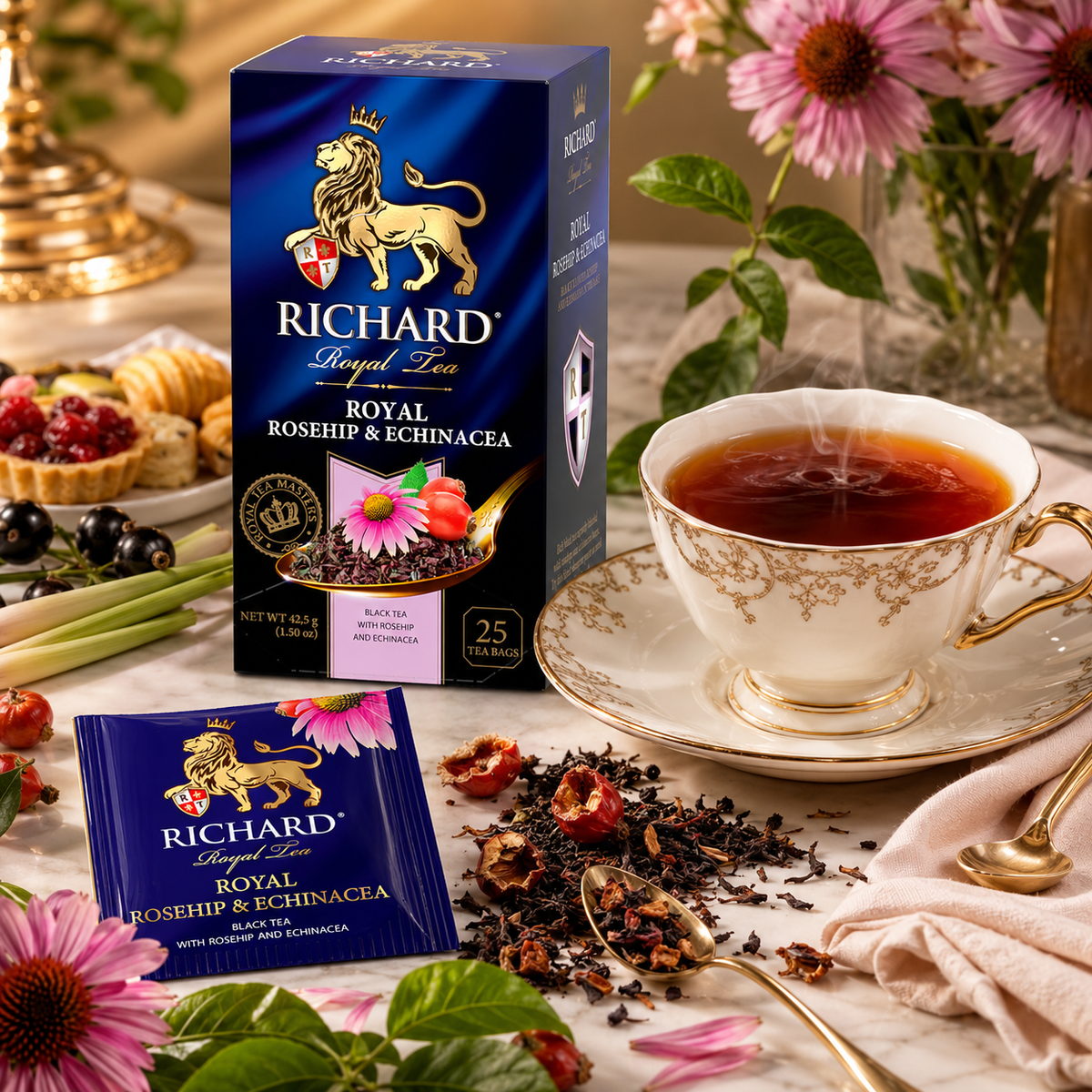Richard Royal Rosehip & Echinacea Black Tea Bags with Lemongrass & Blackcurrant Leaf, 25-Sachet Gift Box, 42.5g