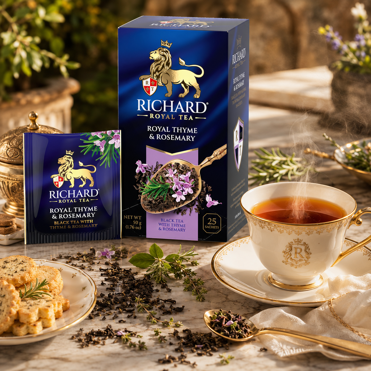 Richard Royal Thyme & Rosemary Black Tea Bags, Herbal Botanical Blend, 25-Sachet Gift Box, 50g