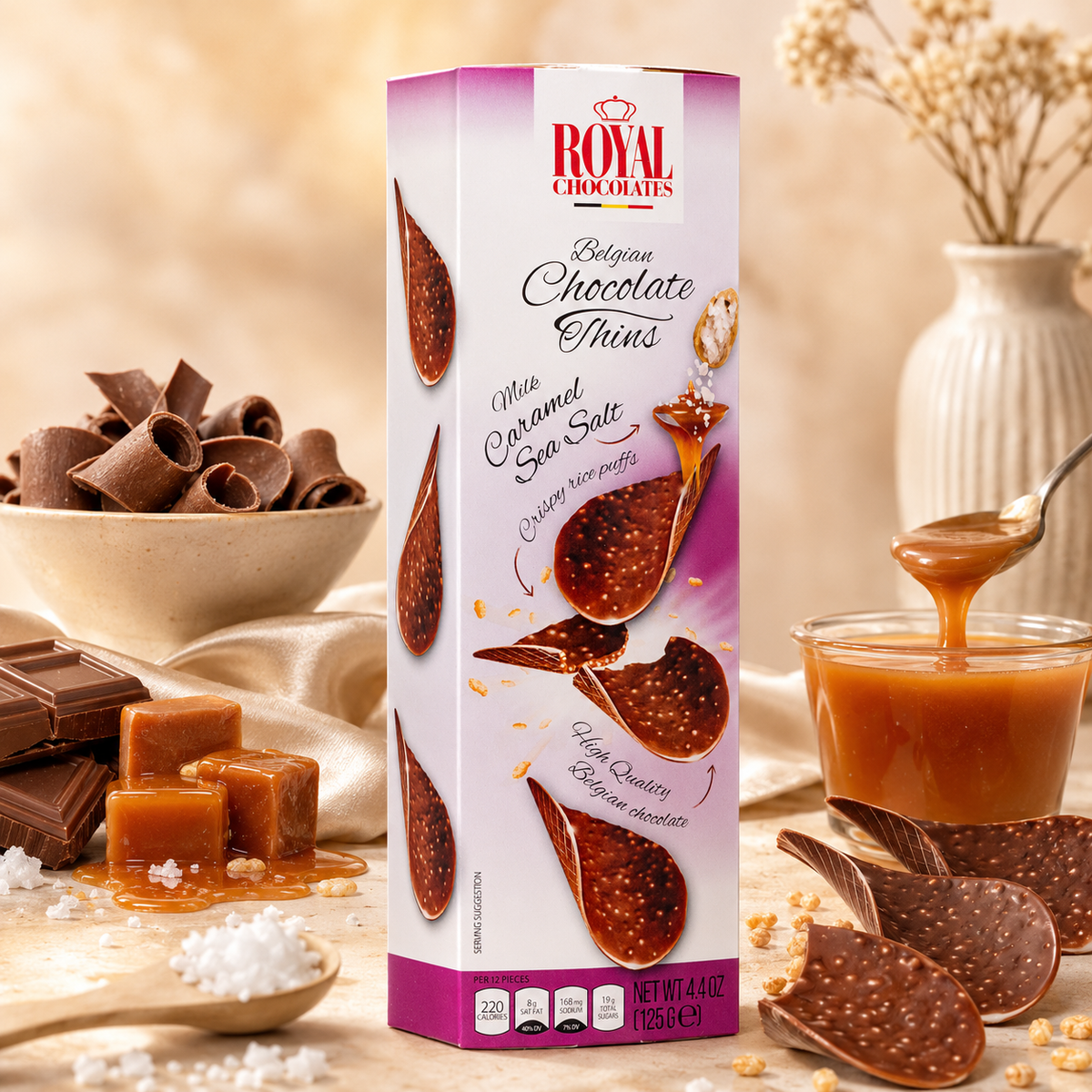 Royal Chocolates Belgian Milk Chocolate Thins with Caramel & Sea Salt, 4.4 oz (125 g)