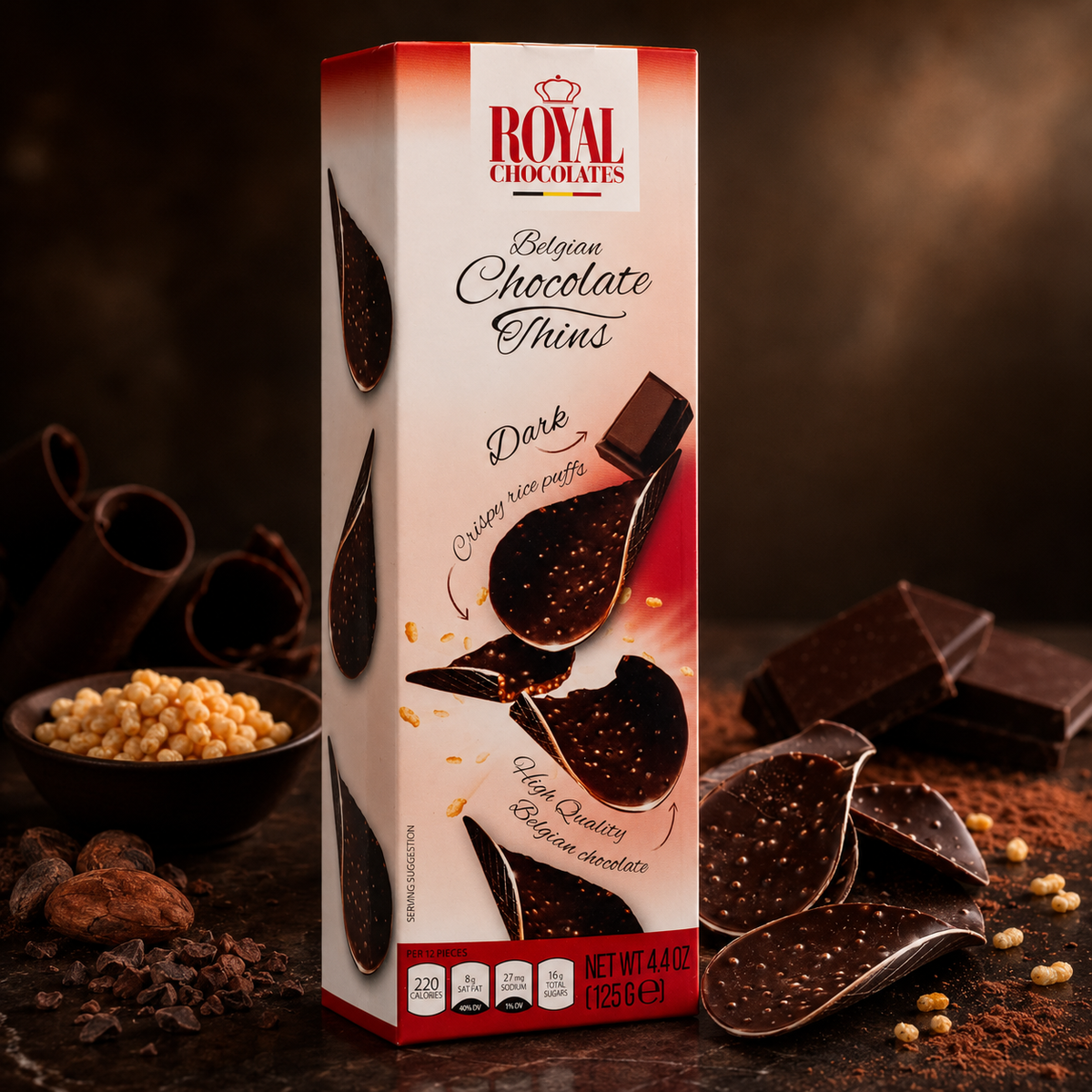 Royal Chocolates Belgian Dark Chocolate Thins with Crispy Rice Puffs, 4.4 oz (125 g)