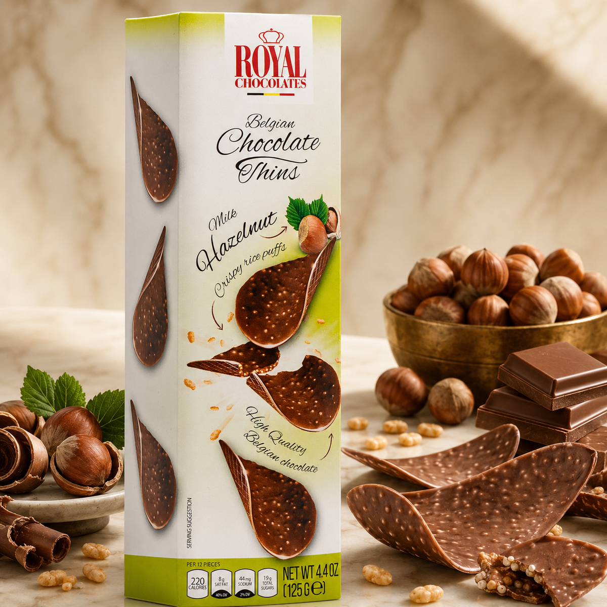 Royal Chocolates Belgian Milk Chocolate Hazelnut Thins with Crispy Rice Puffs, 4.4 oz (125 g)