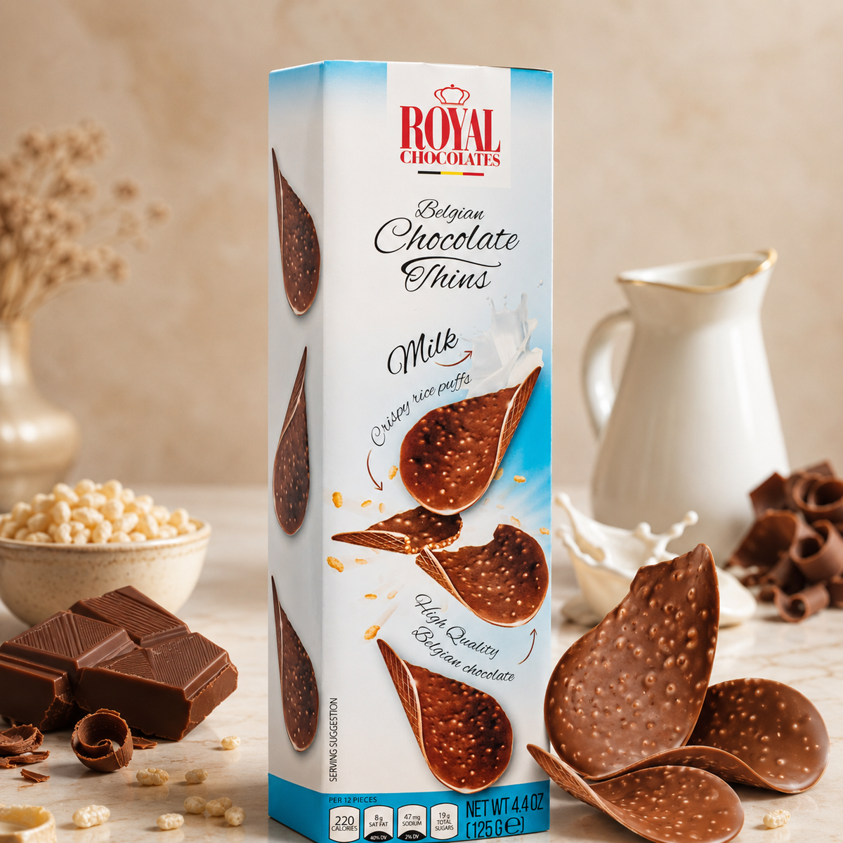 Royal Chocolates Belgian Milk Chocolate Thins with Crispy Rice Puffs, 4.4 oz (125 g)