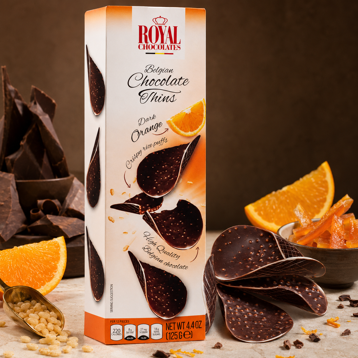 Royal Chocolates Belgian Dark Chocolate Orange Thins with Crispy Rice Puffs, 4.4 oz (125 g)