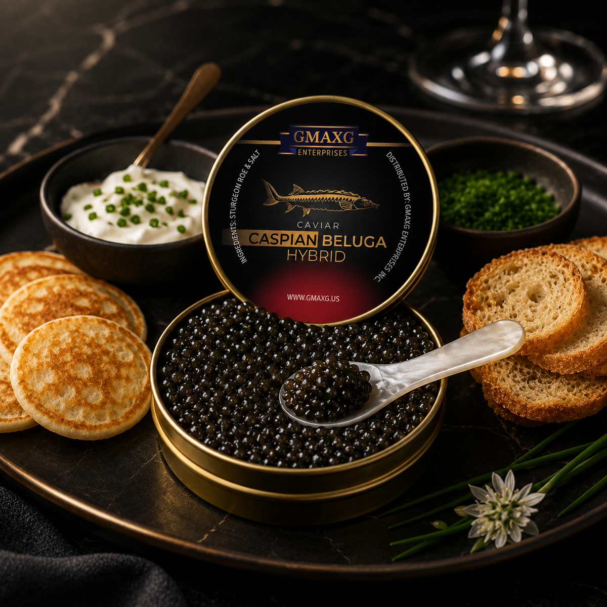 Caspian Beluga Hybrid Caviar Serving Set with Blinis, Crème Fraîche, Toasted Brioche and Mother-of-Pearl Spoon
