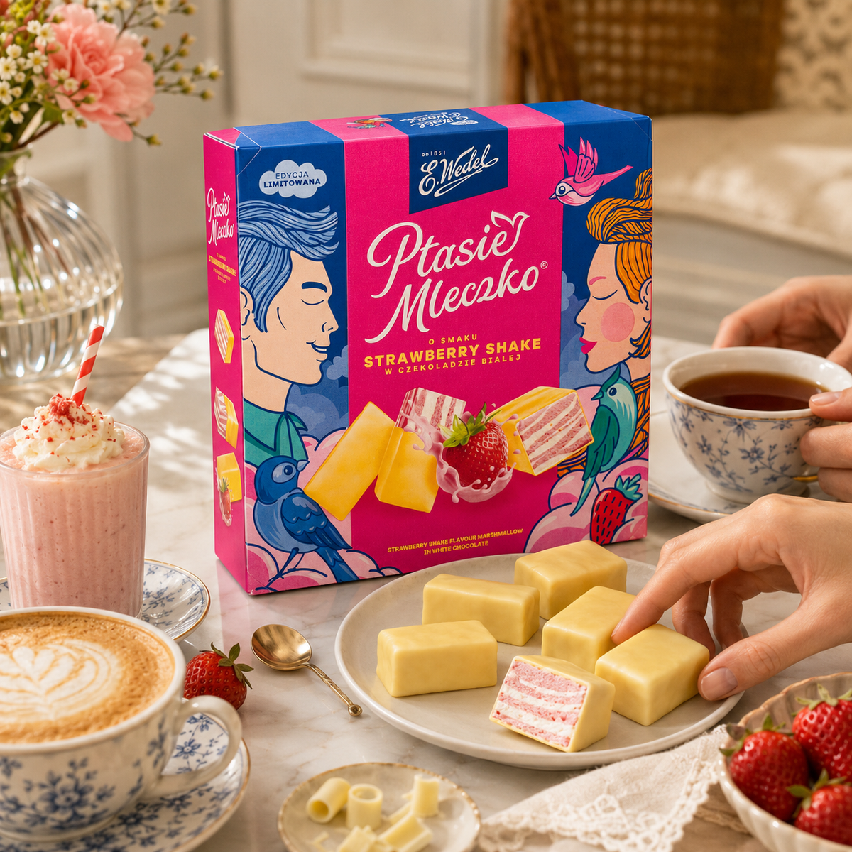 E. Wedel Limited Edition Ptasie Mleczko Polish Bird's Milk – Strawberry Shake in White Chocolate, 340g