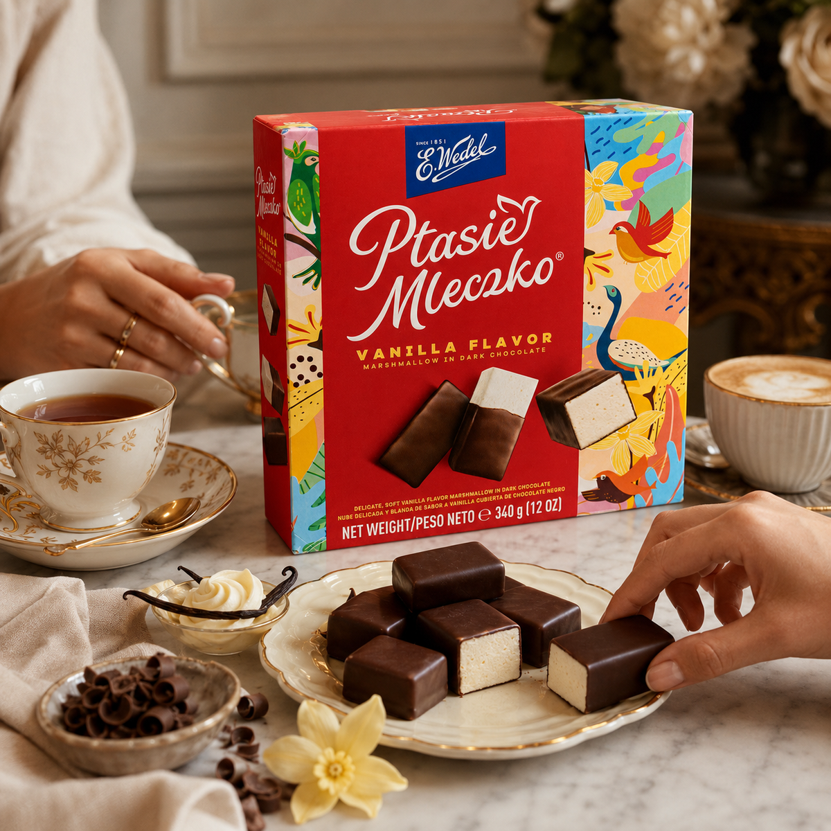 E. Wedel Ptasie Mleczko Polish Bird's Milk – Vanilla Marshmallow in Dark Chocolate, 340g
