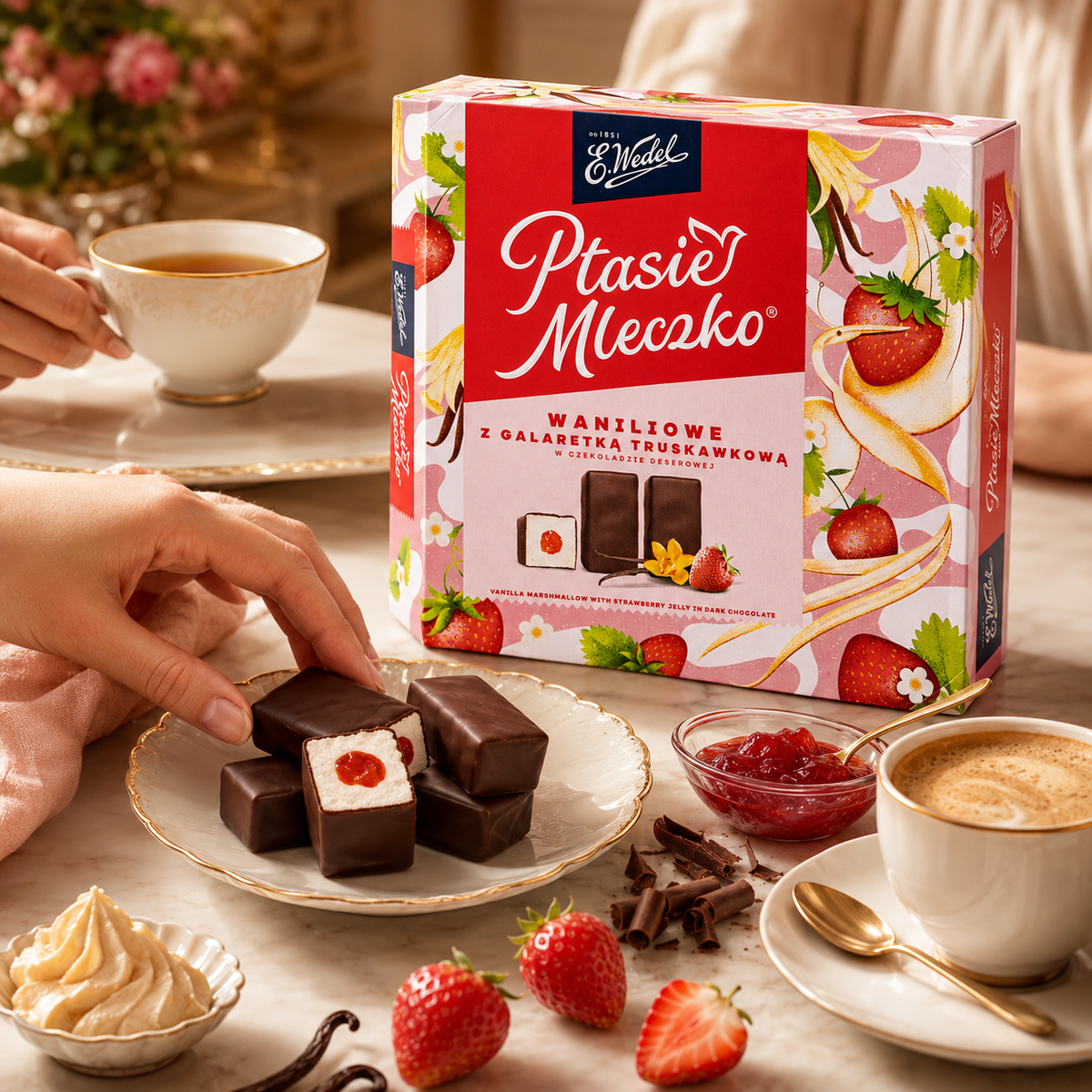 E. Wedel Ptasie Mleczko Polish Bird's Milk – Vanilla Marshmallow with Strawberry Jelly in Dark Chocolate, 340g