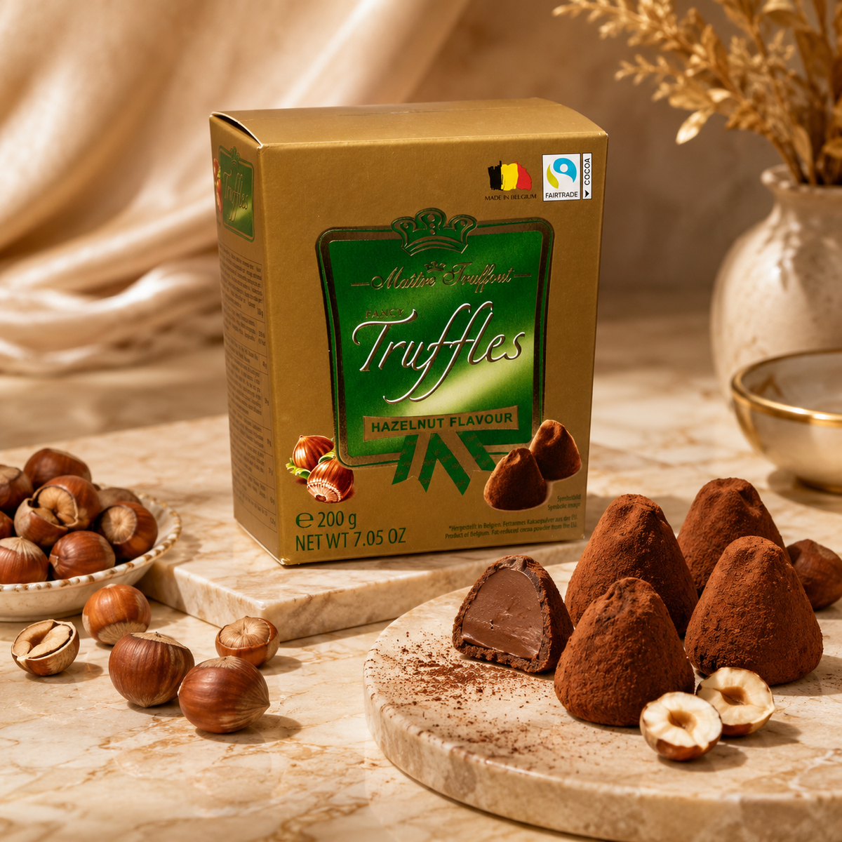 Maitre Truffout Hazelnut Flavor Belgian Cocoa-Dusted Truffles, 200g