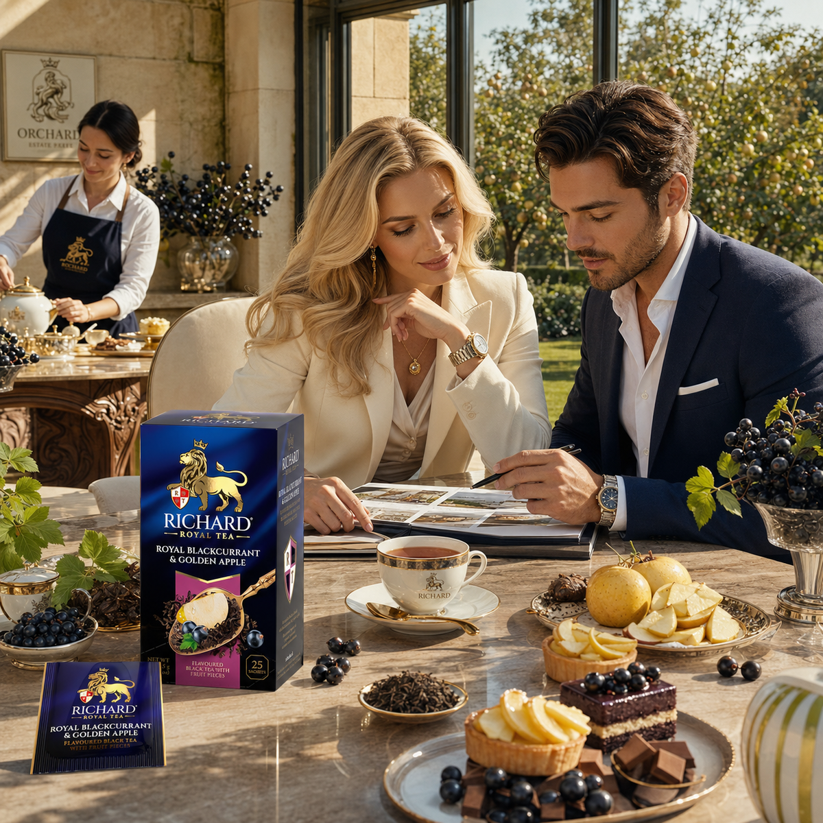 Richard Royal Blackcurrant & Golden Apple Black Tea Bags with Fruit Pieces, 25-Sachet Gift Box, 42.5g