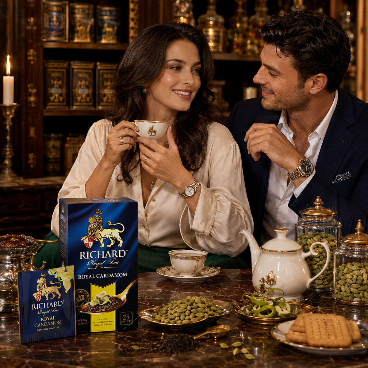 Richard Royal Cardamom & Bergamot Black Tea Bags, Aromatic Citrus Spice Blend, 25-Sachet Gift Box, 50g