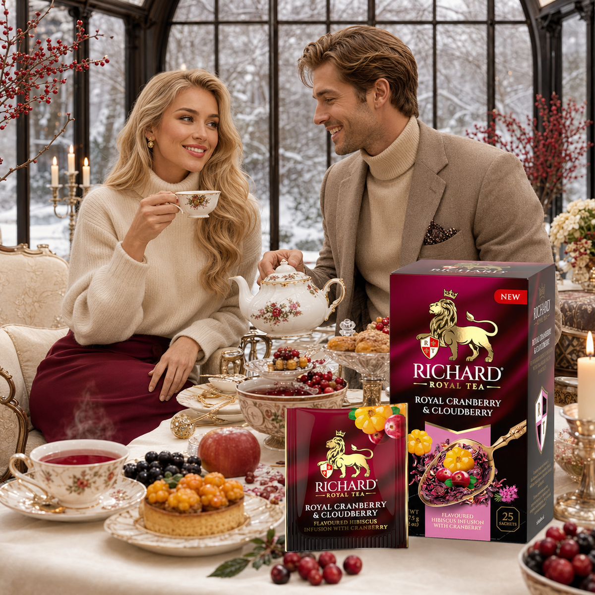 Richard Royal Cranberry & Cloudberry Hibiscus Infusion Tea Bags with Apple & Berries, 25-Sachet Gift Box, 37.5g