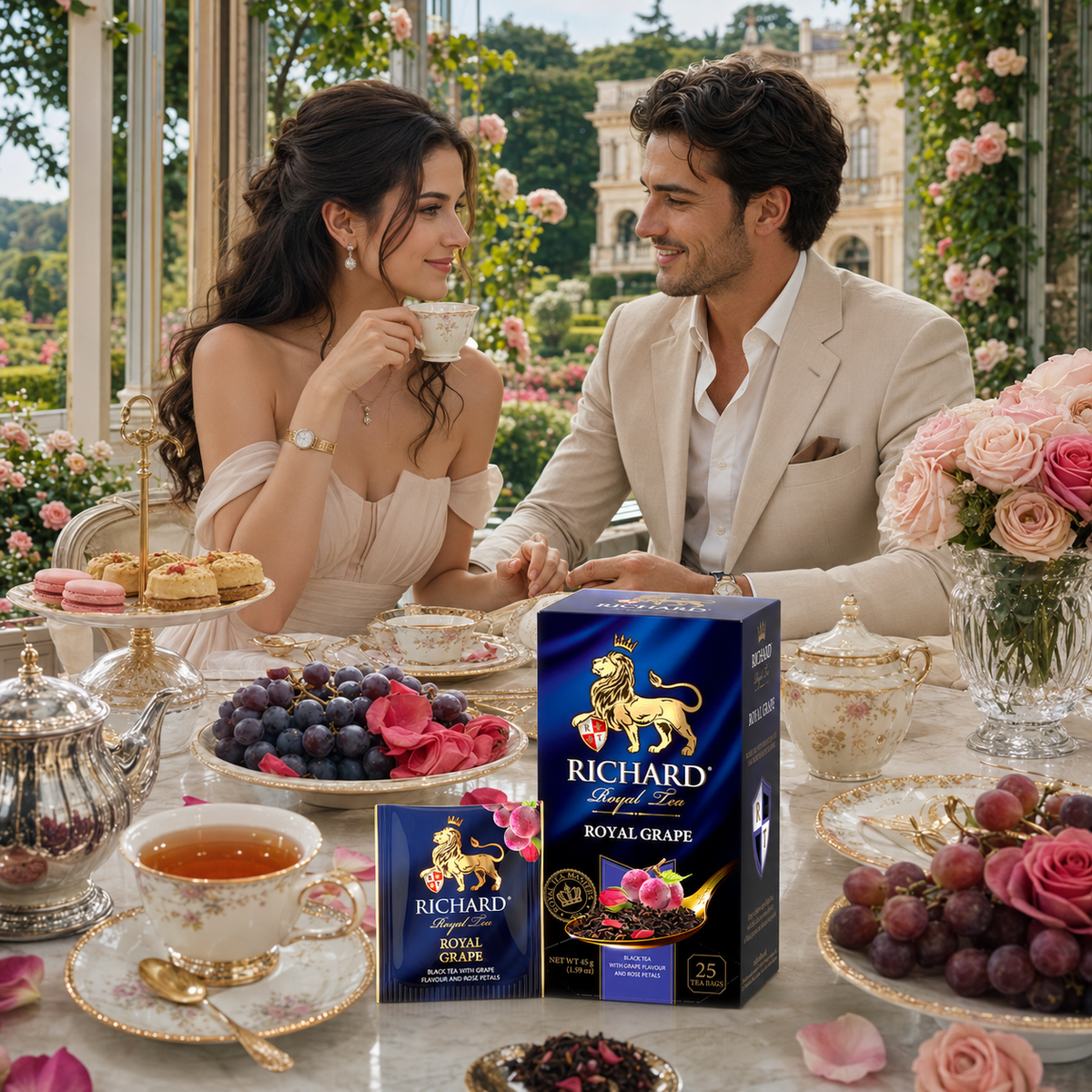 Richard Royal Grape & Rose Petals Black Tea Bags, Floral Fruit Blend, 25-Sachet Gift Box, 45g