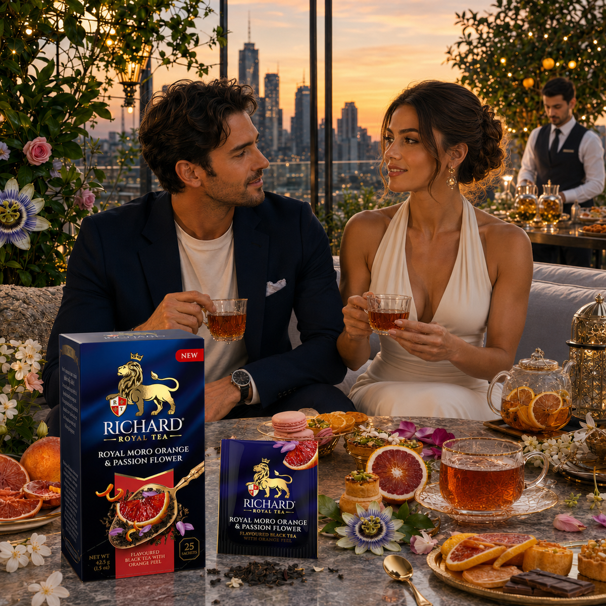 Richard Royal Moro Orange & Passion Flower Black Tea Bags with Jasmine & Rose, 25-Sachet Gift Box, 42.5g