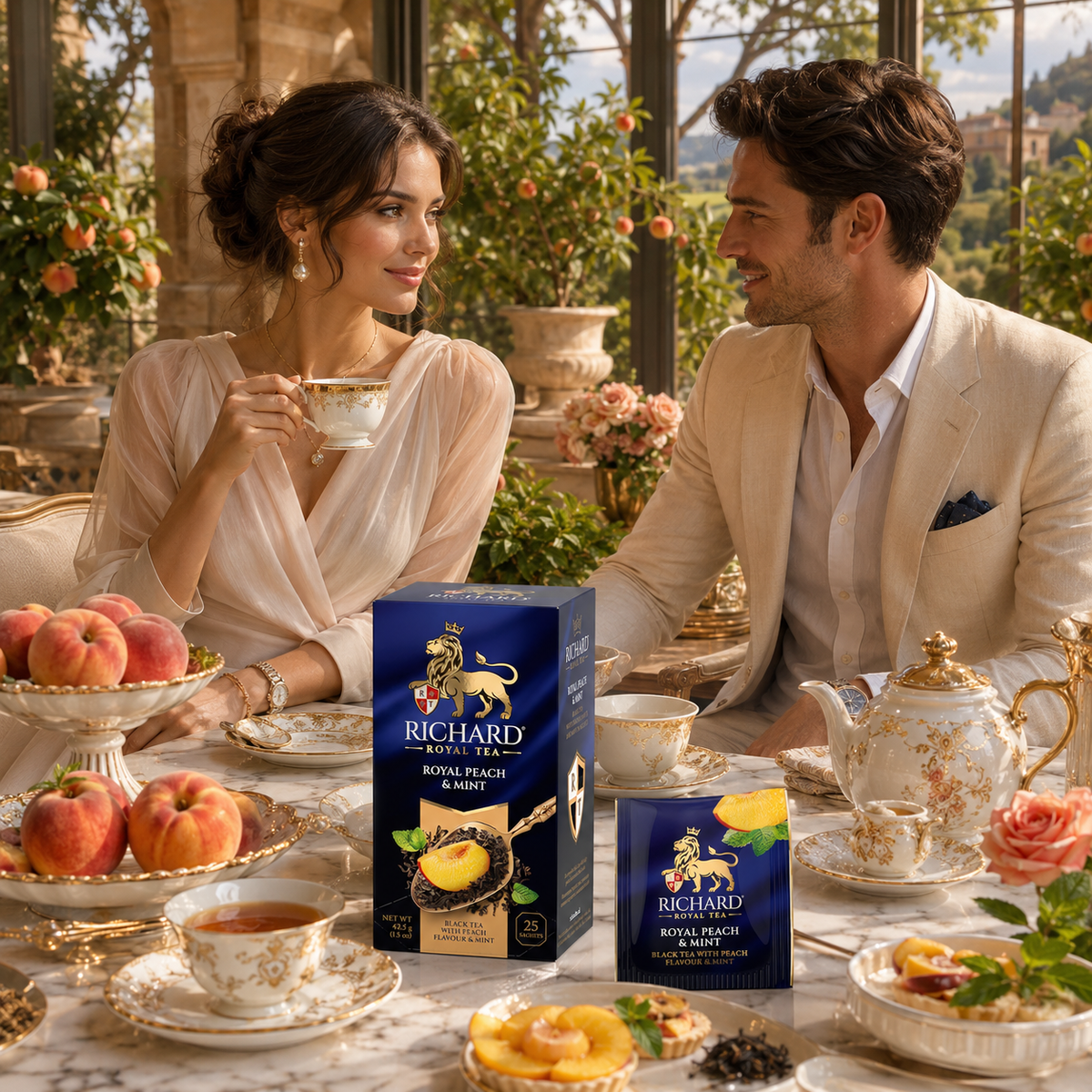 Richard Royal Peach & Mint Black Tea Bags, Fruit-Flavored Blend, 25-Sachet Gift Box, 42.5g