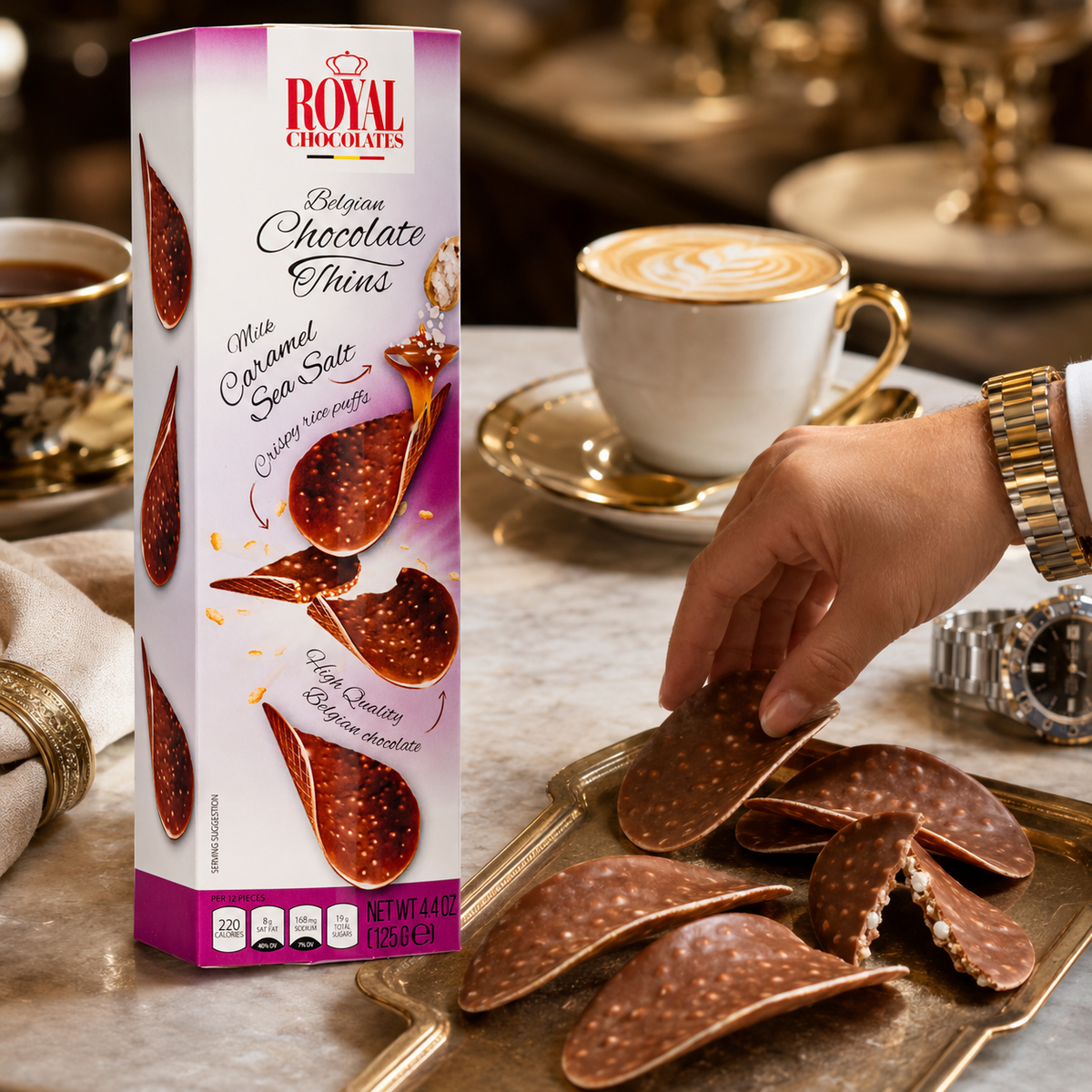 Royal Chocolates Belgian Milk Chocolate Thins with Caramel & Sea Salt, 4.4 oz (125 g)