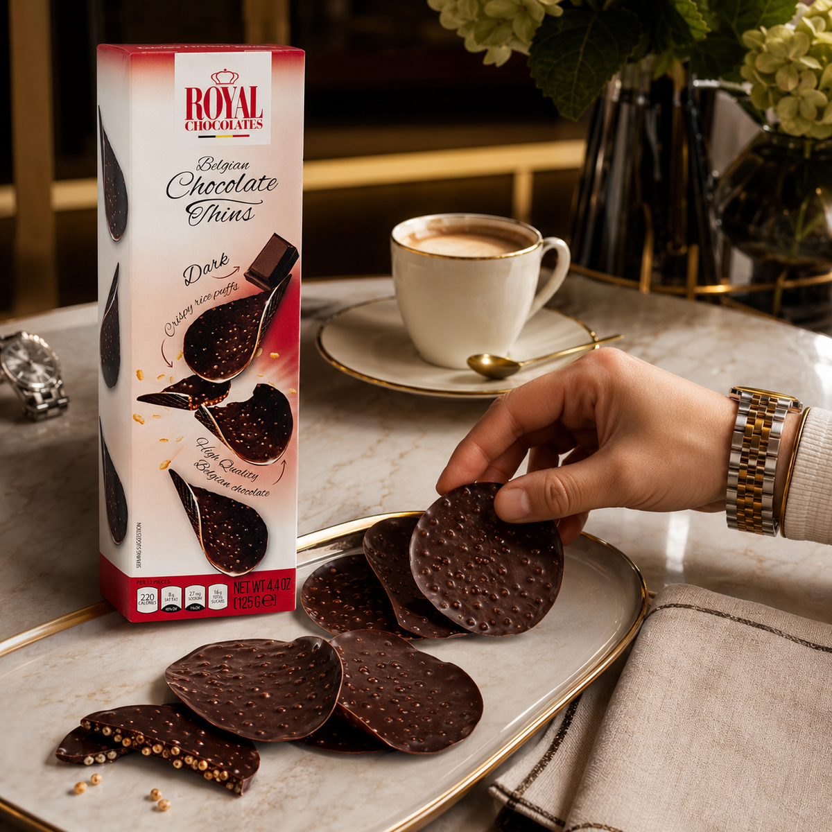 Royal Chocolates Belgian Dark Chocolate Thins with Crispy Rice Puffs, 4.4 oz (125 g)
