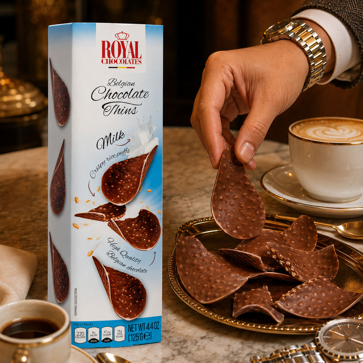 Royal Chocolates Belgian Milk Chocolate Thins with Crispy Rice Puffs, 4.4 oz (125 g)