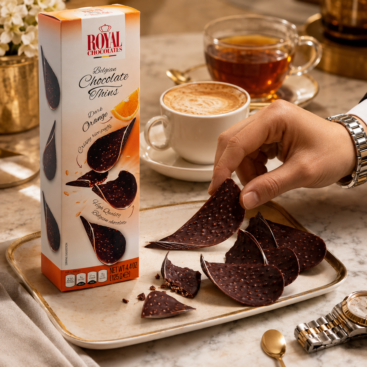 Royal Chocolates Belgian Dark Chocolate Orange Thins with Crispy Rice Puffs, 4.4 oz (125 g)