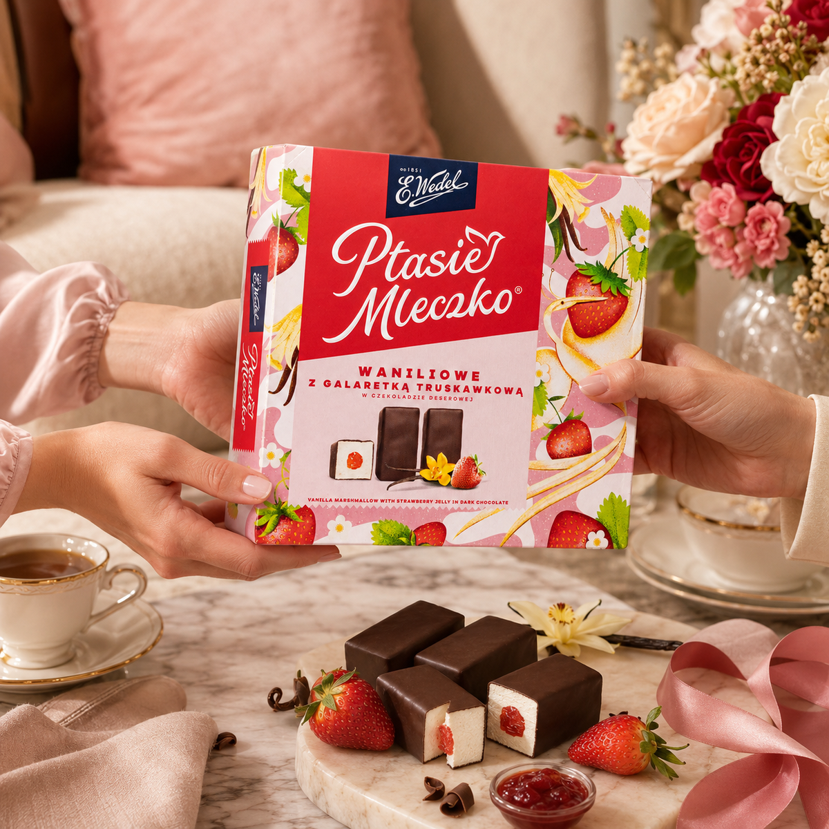 E. Wedel Ptasie Mleczko Polish Bird's Milk – Vanilla Marshmallow with Strawberry Jelly in Dark Chocolate, 340g