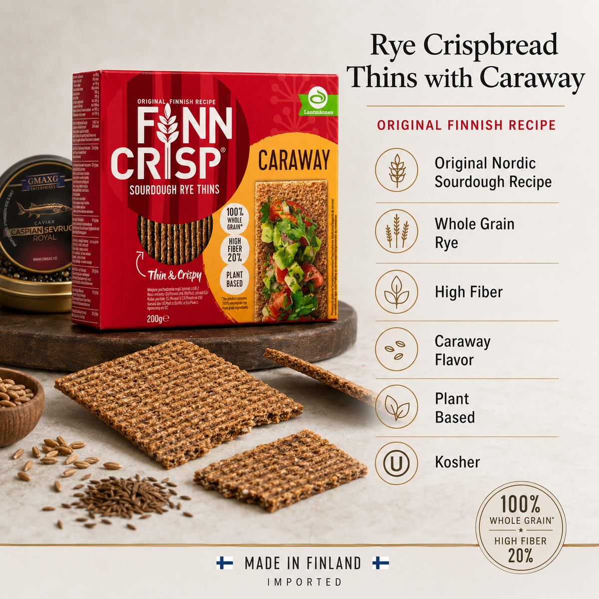 Finn Crisp Caraway Sourdough Rye Crispbread Thins, 100% Whole Grain, 7.05 oz (200 g)