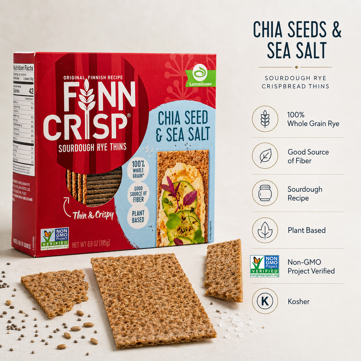 Finn Crisp Chia Seeds & Sea Salt Sourdough Rye Crispbread Thins, 6.8 oz (195 g)