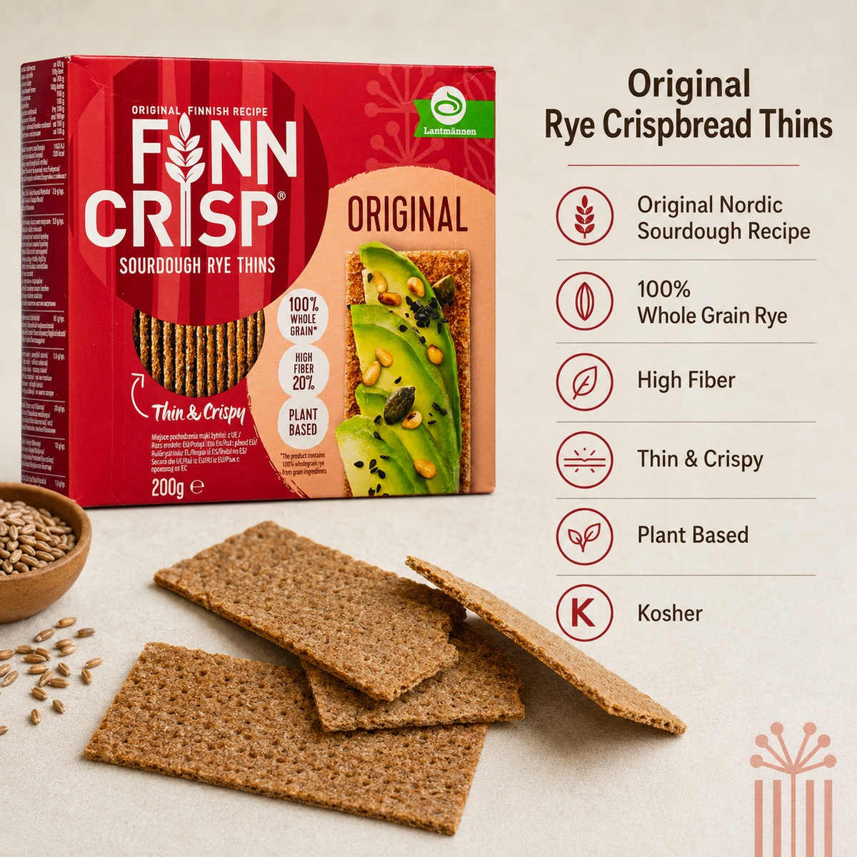 Finn Crisp Original Sourdough Rye Crispbread Thins, 100% Whole Grain, 7.05 oz (200 g)