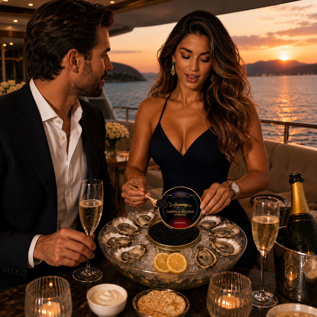 Couple enjoying Caspian Beluga Hybrid caviar aboard a luxury yacht at sunset with oysters, champagne, and elegant service.