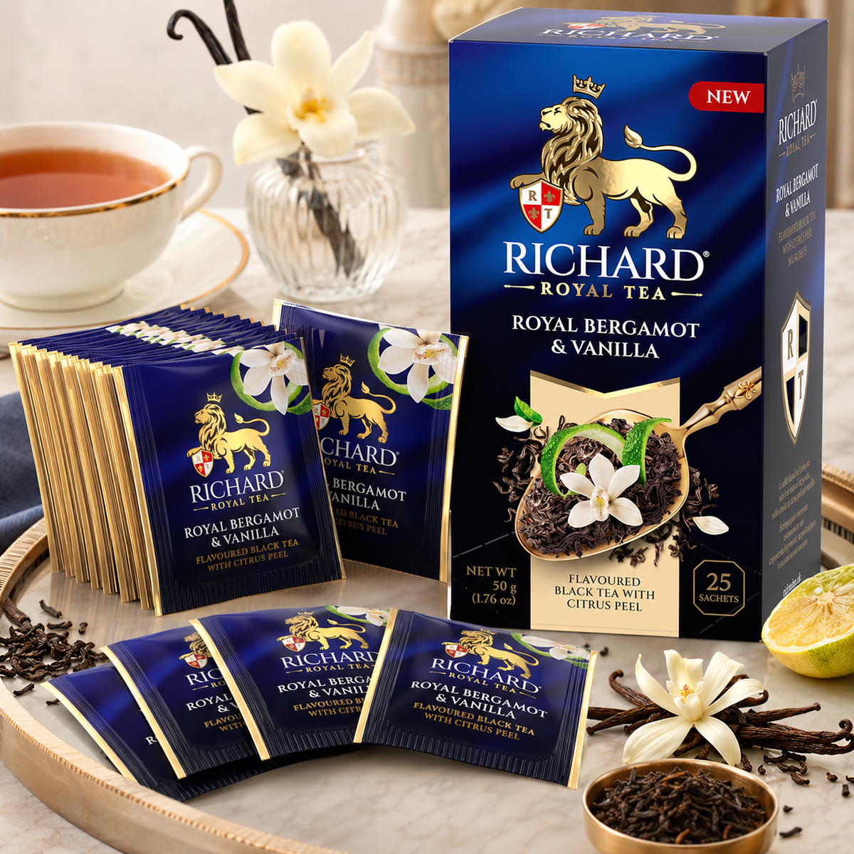 Richard Royal Bergamot & Vanilla Ceylon Black Tea Bags with Citrus Peel, 25-Sachet Gift Box, 50g