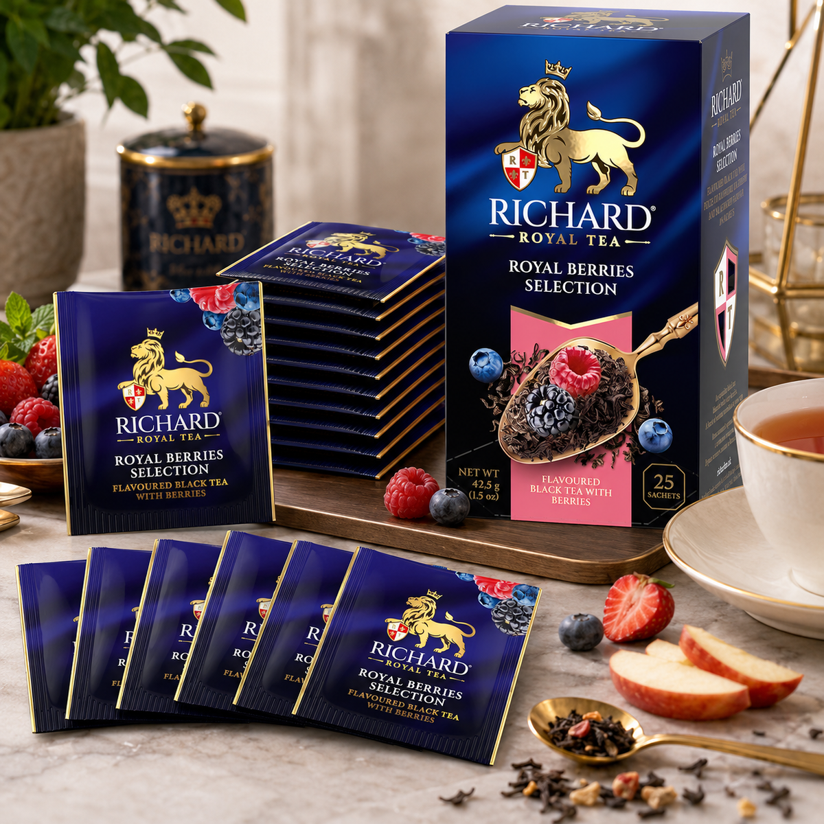 Richard Royal Berries Selection Black Tea Bags with Blueberry, Strawberry & Raspberry, 25-Sachet Gift Box, 42.5g