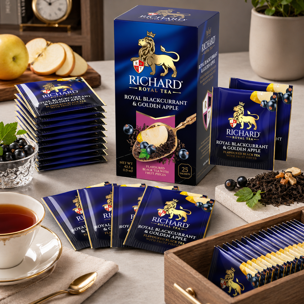 Richard Royal Blackcurrant & Golden Apple Black Tea Bags with Fruit Pieces, 25-Sachet Gift Box, 42.5g