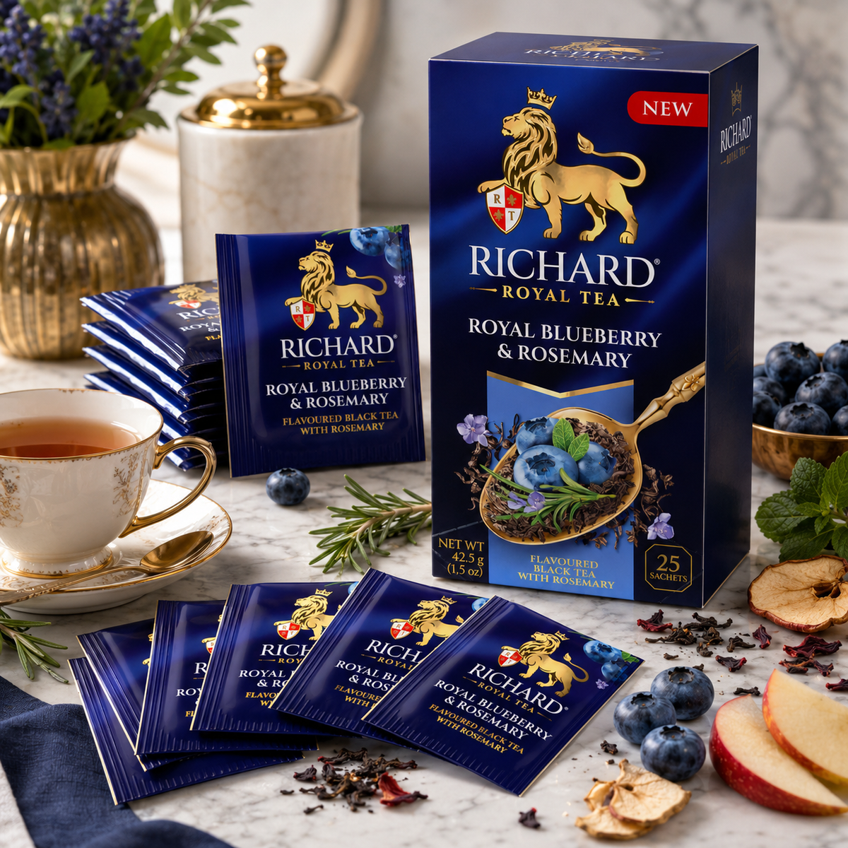 Richard Royal Blueberry & Rosemary Black Tea Bags with Apple, Mint & Bilberry, 25-Sachet Gift Box, 42.5g
