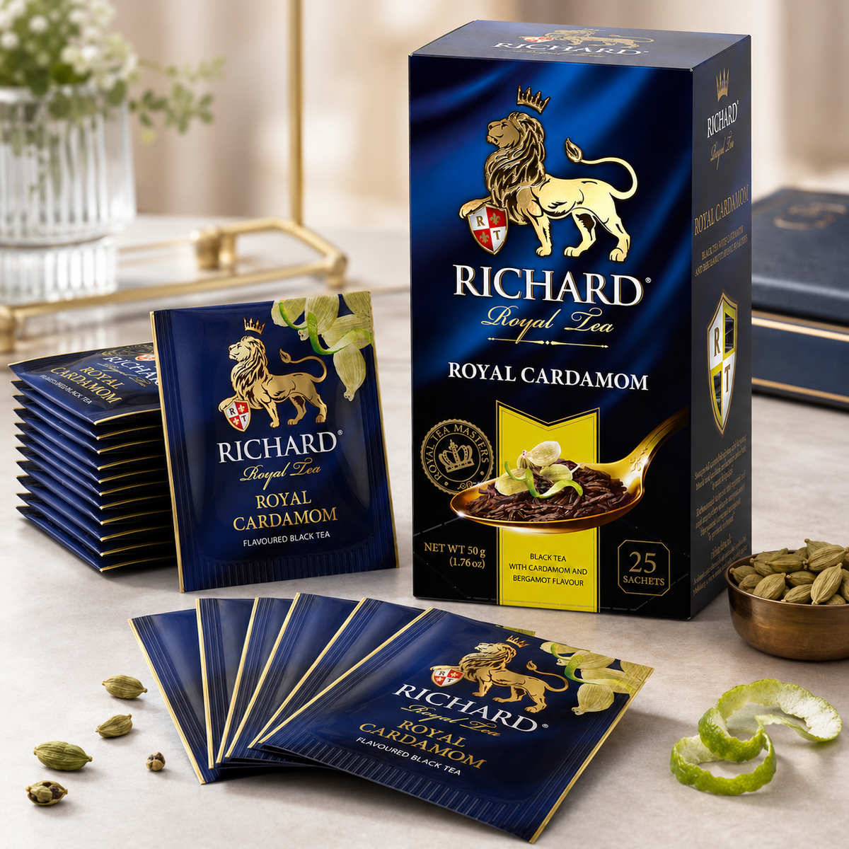 Richard Royal Cardamom & Bergamot Black Tea Bags, Aromatic Citrus Spice Blend, 25-Sachet Gift Box, 50g