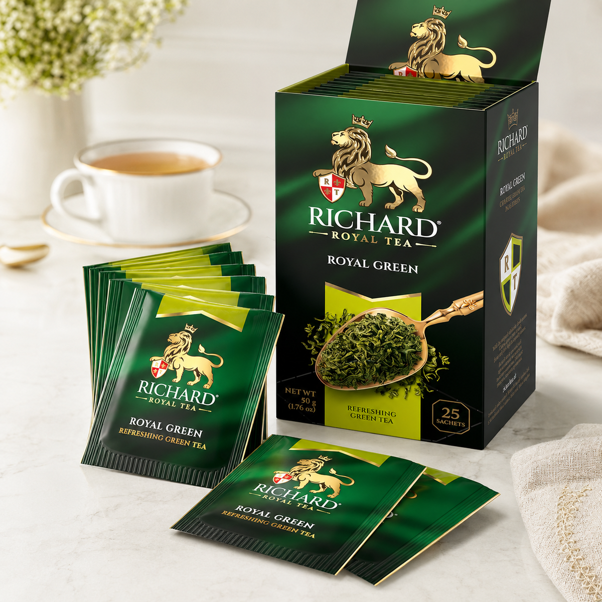 Richard Royal Chinese Refreshing Green Tea Bags, Smooth & Light, 25-Sachet Gift Box, 50g