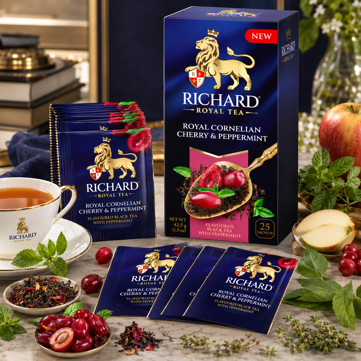 Richard Royal Cornelian Cherry & Peppermint Black Tea Bags with Herbal Botanicals, 25-Sachet Gift Box, 42.5g