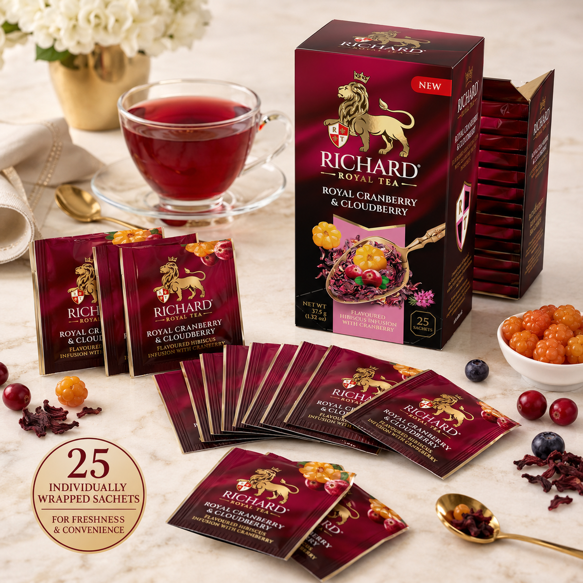 Richard Royal Cranberry & Cloudberry Hibiscus Infusion Tea Bags with Apple & Berries, 25-Sachet Gift Box, 37.5g